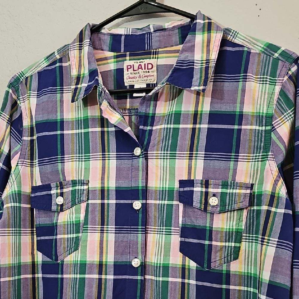 Old Navy Y2K Blue and Green Plaid Button Down Shirt Womens Large - Picture 4 of 6